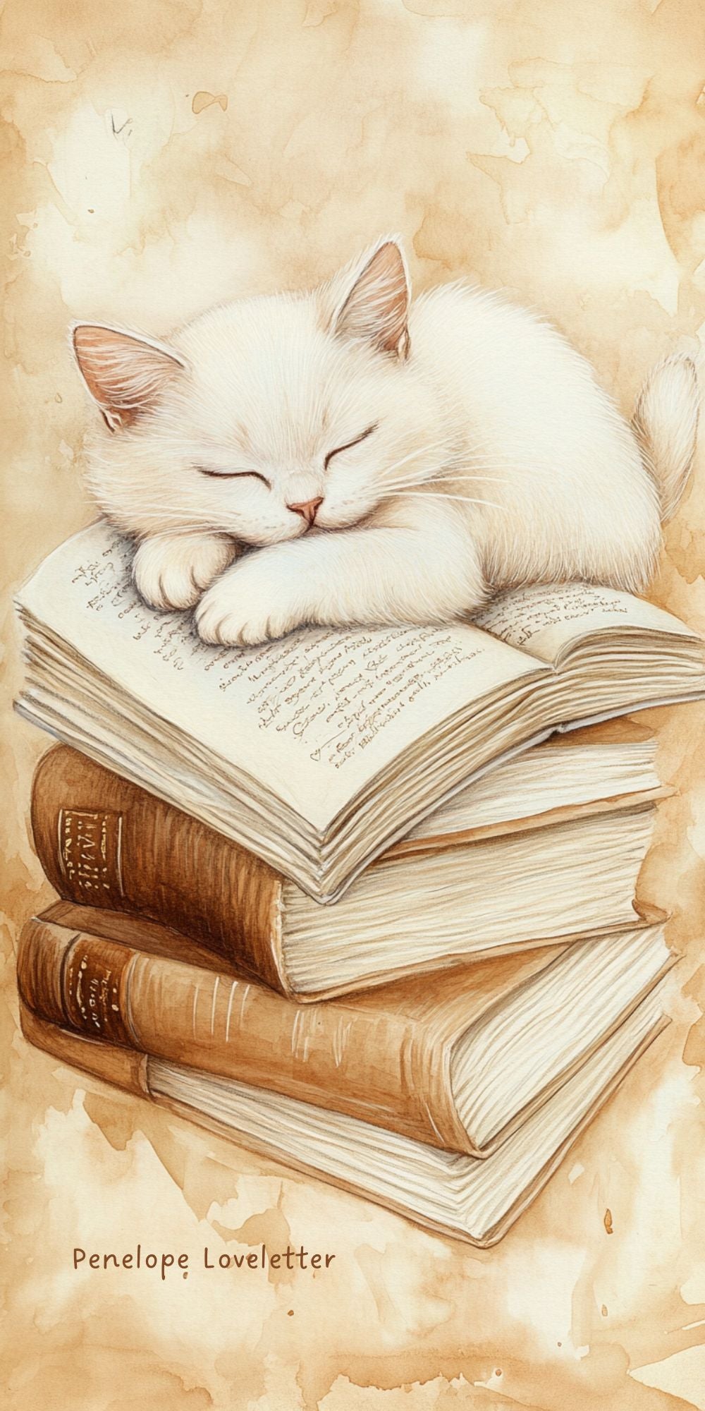Cat Sleeping on Books- phone wallpaper